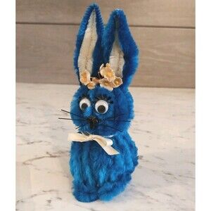 Vintage Chenille Pipe Cleaner Easter Bunny Rabbit On Foam With Flowers Spring
